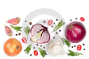 Red onions, garlic with rosemary and peppercorns isolated on a white background with copy space for your text. Top view