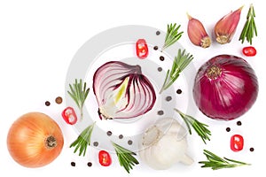 Red onions, garlic with rosemary and peppercorns isolated on a white background with copy space for your text. Top view