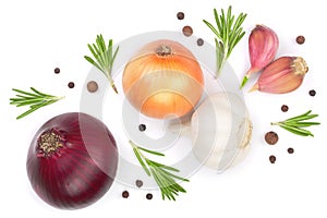 Red onions, garlic with rosemary and peppercorns isolated on a white background. Top view. Flat lay