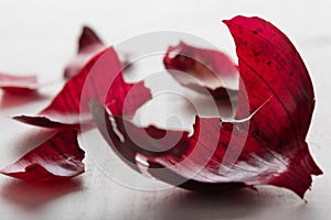 Red onionskin on table