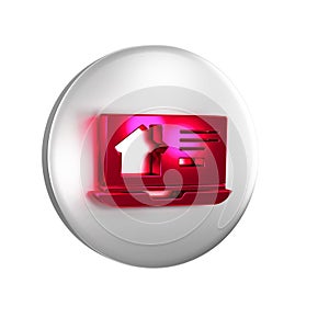 Red Online real estate house on laptop icon isolated on transparent background. Home loan concept, rent, buy, buying a