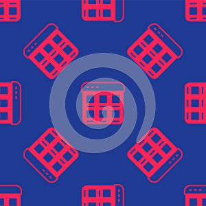 Red Online shopping on screen icon isolated seamless pattern on blue background. Concept e-commerce, e-business, online