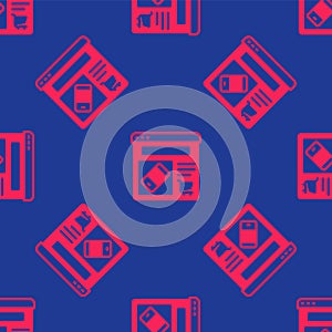 Red Online shopping on screen icon isolated seamless pattern on blue background. Concept e-commerce, e-business, online
