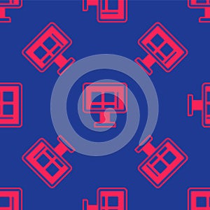 Red Online shopping on screen icon isolated seamless pattern on blue background. Concept e-commerce, e-business, online