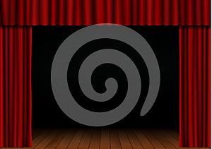 Red open curtain with spotlight and wood floor in theater. Velvet fabric cinema curtain vector. Open