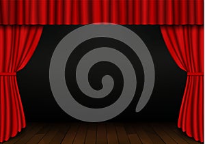 Red open curtain with wood floor in theater. Velvet fabric cinema curtain vector. Opened curtains de