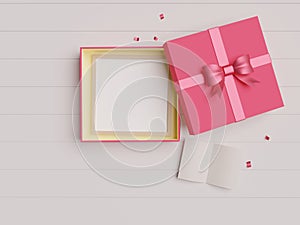 Red open gift box with empty picture frame and ribbon with empty space. Top view. 3D rendering