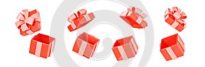 Red open gift box with pink ribbon and bow 3d render illustration collection - present packages with flying cap.