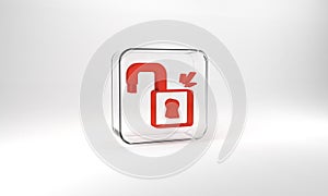 Red Open padlock icon isolated on grey background. Opened lock sign. Cyber security concept. Digital data protection