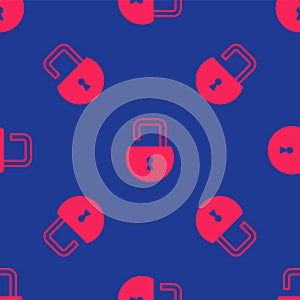 Red Open padlock icon isolated seamless pattern on blue background. Opened lock sign. Cyber security concept. Digital