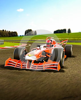 Red open wheeled single-seater  forceful formula race car in a curve