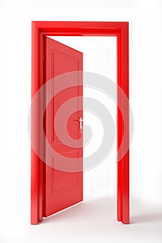 Red opened door on white background photo