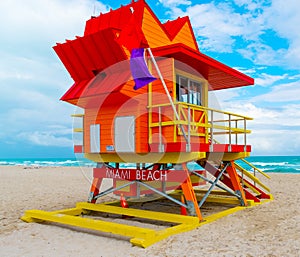 Red and oranfge lifeguard hut in world famous Miami Beach