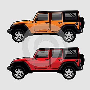 Red and Orange 4x4 Offroad SUV Side View Illustration in Cartoon Style. Expedition Offroader Flat Vector