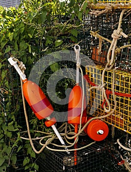 Red and orange buoys with lobster pot and ropes.