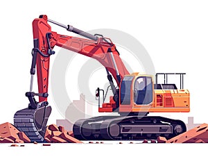 Red and orange construction vehicle is digging into the ground