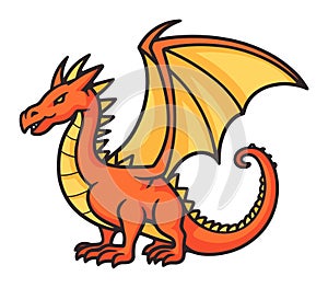 Red orange dragon cartoon standing with wings spread. Mythical creature with fierce expression fantasy vector