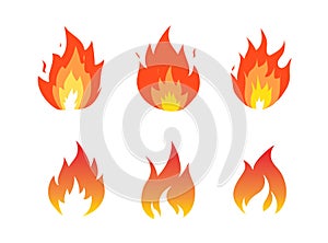 Red and orange fire flame. Hot flame energy on white background. Set of campfire icon. Vector illustration