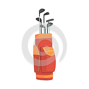 Red and orange golf bag full of clubs, golfer sport equipment vector Illustration