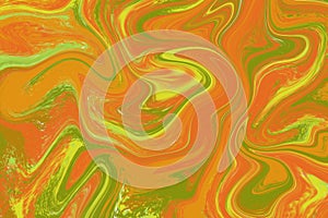 Red orange green liquid paint abstraction. Marbled texture for autumn seasonal graphic design template