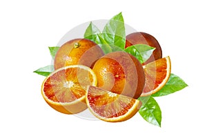 Red orange isolated on white background with slices and green leaves. Collage with a shadow