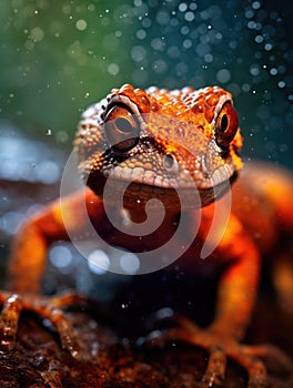 Red and orange lizard is sitting on rock in rain