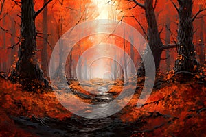 Red-orange magical autumn forest