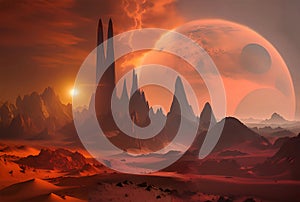 Red Orange Mars-like Planet with Satellite and Mountains, Fantasy and Science Fiction Concept Art