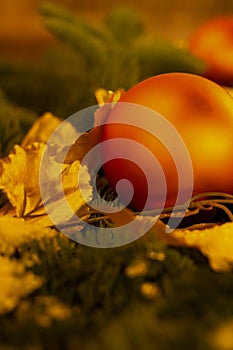 Red orange matte ball christmas decoration close-up design background