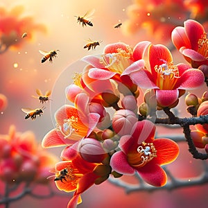 The red orange Palash flower buds and leaves are hanging in the tree