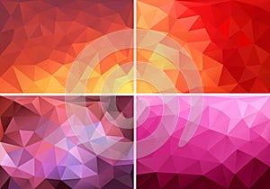 Red, orange and pink low poly backgrounds, vector set