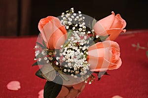 Red orange pink roses, gypsophila and green leaves on a glass cup