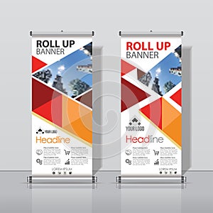 Red, Orange Roll up Business Banner Design Vertical Template Vector, Cover Abstract Modern X-Banner, Rectangle Size.