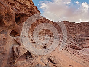 Red orange sandstone rocks formations in Wadi Rum also known as Valley of the Moon desert, Jordan