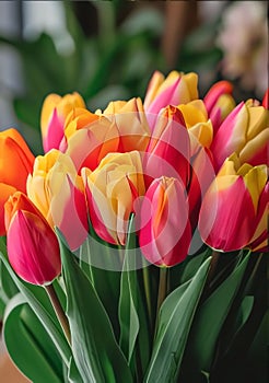 Red and orange Tulips with green leaves, smudged background, bouquet. Flowering flowers, a symbol of spring, new life