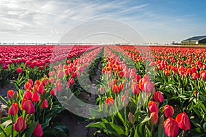 Red and orange tulips in long rows