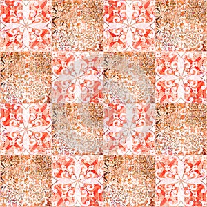 Red orange vintage worn retro geometric motif cement square mosaic tiles wallpaper with flower leaves print texture background