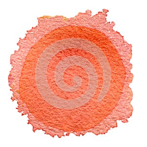 Red, orange watercolor circle isolated on white background. Watercolour hand painted round shape with uneven edges.