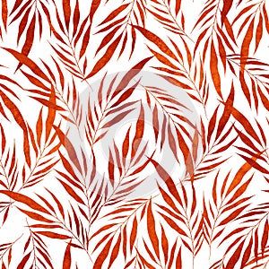 Red and orange Watercolor leaves of palm tree on white background. Abstract nature wallpaper. Autumn dry leaf pattern