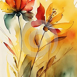 Red, orange and yellow abstract flower Illustration in watercolor style