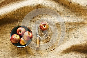 Red organic apples in bowl with knife on fabric