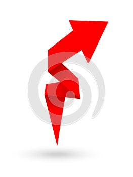red origami arrow, paper pointer made of paper, abstract symbol of growth and achievement, design element, vector
