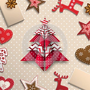 Red, and origami Christmas tree, holiday theme, illustration