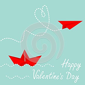 Red origami paper boat and paper plane. Dash heart in the sky. Wave line. Happy Valentines Day. Love card. Blue background.