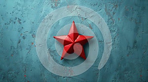 Red Origami Star on Blue Background