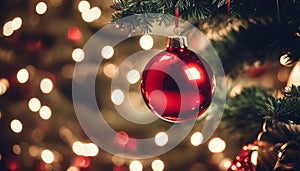 A red ornament hanging on a Christmas tree