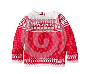 Red ornated child`s christmas sweater isolated. photo