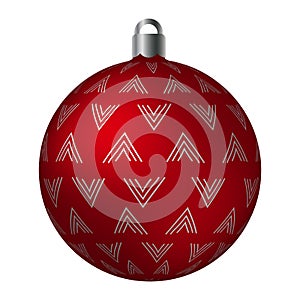 Red ornated Christmas ball with silver metallic bend loose patterns isolated on white background. Simple abstract ornaments