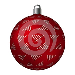 Red ornated Christmas ball with silver metallic doodle patterns isolated on white background. Simple abstract ornaments