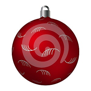 Red ornated Christmas ball with silver metallic lash patterns isolated on white background. Simple abstract ornaments